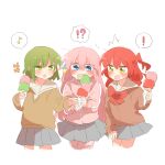  ! 3girls :d blue_eyes blush bocchi_the_rock! brown_cardigan cardigan commentary_request cropped_legs food gotoh_hitori green_eyes green_hair grey_skirt holding holding_food holding_ice_cream ice_cream jacket kita_ikuyo long_sleeves looking_at_viewer multiple_girls musical_note open_mouth pants pants_under_skirt pink_hair pink_jacket pink_pants pleated_skirt rebecca_(keinelove) sasaki_tsuguko school_uniform short_hair shuka_high_school_uniform simple_background skirt smile spoken_exclamation_mark spoken_musical_note track_jacket white_background yellow_eyes 
