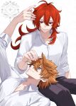  2boys black_pants blue_eyes closed_mouth diluc_(genshin_impact) genshin_impact hair_between_eyes highres hiki_yuichi long_hair long_sleeves male_focus multiple_boys orange_hair pants red_eyes red_hair shirt smile tartaglia_(genshin_impact) white_shirt yaoi 
