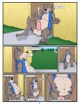 after_vore anthro aroused belly big_bad_wolf big_penis blue_clothing blue_topwear blue_vest bodily_fluids canid canine canis claws clothing comic cum cum_on_belly cum_on_body cum_on_chest death digested door ejaculation english_text fairy_tales fur genital_fluids genitals grass grey_body grey_fur hi_res huttsergreywolf long_snout looking_pleasured male mammal moan orgasm partially_clothed_anthro partially_clothed_male penis plant snout solo text the_three_little_pigs thought thoughts topwear vest vore weight_gain wolf