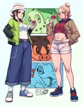  2girls belt blue_eyes blue_pants blue_shoes bracelet breasts brown_belt brown_eyes brown_hair brown_jacket brown_shorts chikorita commentary crop_top denim english_commentary green_jacket hair_bun harmony_(pokemon) hat highres holding holding_poke_ball jacket jeans jewelry luchidart medium_breasts multiple_girls orange_hair pants poke_ball pokemon pokemon_(creature) pokemon_legends:_z-a red_shirt ribbed_socks shirt shoes short_shorts shorts single_hair_bun smile socks taunie_(pokemon) tepig totodile turtleneck turtleneck_shirt v-shaped_eyebrows watermark white_hat white_shirt white_socks 