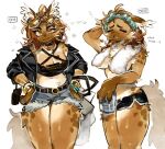  1girl aya_(arioriak) bag black_jacket body_fur breasts brown_fur cowboy_shot dolphin_shorts english_commentary english_text eyewear_on_head fur-trimmed_shorts fur_trim furry furry_female hands_on_own_hips heart heart-shaped_eyewear highres holding holding_bag hyena_girl jacket large_breasts multiple_views open_clothes open_jacket original short_shorts shorts simple_background sunglasses tail topless_female towel towel_around_neck white_background yellow_eyes 