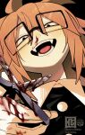  1boy absurdres black_background black_eyes blood blood_on_hands blood_on_scissors blood_on_weapon commentary fangs glasses gloves head_tilt highres holding holding_scissors looking_at_viewer male_focus medium_hair nosebleed orange_hair otori_0 randal&#039;s_friends randal_ivory scissors simple_background solo upper_body weapon white_gloves 