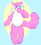 2020 abstract_background anthro august_(meowmcmeow) belly blue_background blue_body blue_fur blue_nose blush digital_media_(artwork) domestic_cat featureless_crotch felid feline felis femboy fluffy fluffy_tail fur heart_symbol hi_res male mammal nagiharau nude one_eye_closed pink_body pink_fur sharp_teeth simple_background slightly_chubby smile solo tail teeth white_belly white_body white_fur wink yellow_background