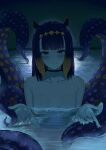  1girl absurdres black_choker blue_eyes blunt_bangs breasts choker english_commentary gradient_hair highres hololive hololive_english i&#039;ll_teach_you_everything_(chainsaw_man) karu_(karusenpai) light_reflection_(water) long_hair looking_at_viewer mole mole_under_eye movie_reference multicolored_hair ninomae_ina&#039;nis nude orange_hair partially_submerged pointy_ears purple_hair refraction scene_reference skinny_dipping small_breasts smile solo tentacle_hair tentacles virtual_youtuber wet wet_hair 