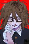  1boy biting_another&#039;s_finger black_eyes black_jacket blood brown_hair fang glasses gloves grabbing_another&#039;s_hand heart highres jacket looking_at_viewer male_focus nosebleed otori_0 pov randal&#039;s_friends randal_ivory red_background short_hair simple_background solo sweat upper_body white_gloves 
