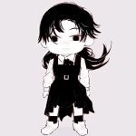  1girl chainsaw_man chibi chibi_only collared_shirt deer60868637 dress fourth_east_high_school_uniform full_body greyscale long_hair long_sleeves looking_at_viewer mitaka_asa monochrome pinafore_dress school_uniform shirt sleeveless sleeveless_dress solo 