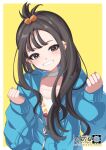  1girl absurdres black_hair blue_hoodie border brown_eyes choker clenched_hands commentary_request cube_hair_ornament earclip grin hair_ornament hands_up happy head_tilt highres hood hood_down hoodie kanarikaro lida_(pokemon) long_hair outside_border pokemon pokemon_legends:_z-a print_shirt shirt smile solo teeth topknot upper_body white_border white_choker white_shirt yellow_background zipper_pull_tab 
