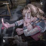  1boy 1girl bag barefoot blue_sailor_collar bracelet brown_hair brown_shoes cellphone closed_mouth commentary_request eyelashes eyeshadow feet flip_phone full_body hair_intakes hair_ornament hairclip hand_on_own_face hand_up hello_kitty hello_kitty_(character) holding holding_phone hvvvzzz jewelry knees_up korean_commentary korean_text long_hair long_sleeves makeup mole mole_under_eye nail_polish original out_of_frame outdoors phone pink_eyes pink_nails puddle rain reflection reflective_liquid ribbed_socks sailor_collar sanrio school_uniform shirt shoes shoulder_bag sitting socks solo_focus toenail_polish toenails toes unworn_shoes unworn_socks water water_drop wet wet_clothes wet_shirt white_shirt white_socks 