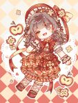  1girl apple argyle_background black_bow black_wrist_cuffs blue_eyes blunt_bangs blush_stickers bonnet bow bowtie brown_hair brown_pupils capelet chibi chinese_commentary collared_shirt commentary_request commission double-parted_bangs dress dress_bow eyes_visible_through_hair food food-themed_clothes food-themed_hair_ornament food_print footwear_bow frilled_headwear frilled_shirt_collar frilled_sleeves frilled_socks frilled_wrist_cuffs frills fruit gradient_background hair_bow hair_ornament hat hat_bow head_tilt heart highres infinity_nikki kneehighs long_hair looking_at_viewer low_twintails mary_janes medium_dress messy_hair nikki_(series) one_eye_closed open_mouth outline pinafore_dress print_dress puffy_short_sleeves puffy_sleeves red_background red_bonnet red_bow red_bowtie red_capelet red_dress red_shoes ribbon-trimmed_sleeves ribbon_trim shiguangbulao277 shirt shoes short_sleeves short_twintails sleeveless sleeveless_dress smile socks solo striped_bow sweet_memories_(infinity_nikki) twintails two-tone_background white_outline white_shirt white_socks wrist_cuffs yellow_background 