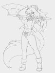  1_eye absurd_res anthro axe big_breasts big_hair big_sis_(artist) big_tail bracelet breasts canid canid_demon canine canis claws clothed clothing collar crop_top delta_rune_(emblem) deltarune demon domestic_dog ear_piercing female fully_clothed hair hellhound helluva_boss hi_res holding_object holding_weapon jewelry loona_(helluva_boss) mammal melee_weapon monochrome navel pentagram piercing sharp_claws sharp_teeth shirt smile smirk solo susie_(deltarune) symbol teeth topwear undertale undertale_(series) video_games weapon 