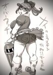  1girl :o ass bow breasts commentary_request curvy from_behind glasses greyscale hair_bow hashtag-only_commentary highres honeydew_mei huge_breasts kudou_masashi looking_back mei_(overwatch) micro_shorts monochrome open_mouth overwatch polka_dot polka_dot_socks ponytail puffy_short_sleeves puffy_sleeves robot round_eyewear shoes short_sleeves shorts sidelocks snowball_(overwatch) socks solo thick_thighs thighs translation_request visor_cap 