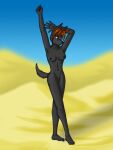  4_toes 5_fingers anthro anubian_jackal barefoot black_body breasts canid canine canis casual_nudity desert feet female fingers hair jackal looking_at_viewer mammal nipples raised_arm red_eyes red_hair solo toes vjmorales 