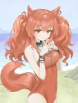  1girl absurdres aegyo_sal angelina_(arknights) angelina_(summer_flower)_(arknights) animal_ears arknights beach black_collar blackshibainu breasts brown_hair chain chain_bracelet chain_necklace collar commentary_request covered_navel day dot_nose fox_ears fox_girl fox_tail hair_between_eyes hair_ribbon highres impossible_clothes impossible_swimsuit infection_monitor_(arknights) jewelry long_hair looking_at_viewer medium_breasts mixed-language_commentary necklace ocean official_alternate_costume one-piece_swimsuit orange_eyes outdoors own_hands_together red_one-piece_swimsuit red_ribbon ribbon smile solo spaghetti_strap steepled_fingers swimsuit tail twintails upper_body wrinkled_fabric 