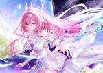  1girl bare_shoulders breasts closed_mouth commentary cyrene_(honkai:_star_rail) cyrene_(ripples_of_past_reverie)_(honkai:_star_rail) dress fingernails gradient_hair hair_ornament halo highres honkai:_star_rail honkai_(series) jewelry large_breasts long_hair multicolored_hair nail_polish pink_eyes pink_hair pink_nails pointy_ears ring smile solo split_theme vardan white_dress 