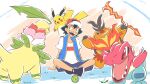  1boy ash_ketchum baseball_cap bayleef black_hair blue_vest closed_eyes cosplay crossed_legs emboar fangs feraligatr fire flower hat holding leaf mega_emboar mega_emboar_(cosplay) mega_feraligatr mega_feraligatr_(cosplay) mega_meganium mega_meganium_(cosplay) mega_raichu_x mega_raichu_x_(cosplay) meganium on_shoulder one_eye_closed open_mouth pignite pikachu pokemon pokemon_(anime) pokemon_(creature) pokemon_journeys pokemon_on_shoulder raichu sergiromero shirt shoes short_hair short_sleeves sitting smile tail totodile vest white_shirt 