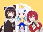  3girls :d :o ange_katrina ange_katrina_(1st_costume) animal_ears animal_hair_ornament animal_on_head bird bird_on_head black_hair black_kimono black_sash blue_eyes blue_hair blue_neckerchief blunt_bangs blush buttons cardigan colored_inner_hair commentary_request crossed_bangs dog_ears dog_girl double-breasted eyelashes fangs flower frilled_sleeves frills gradient_eyes group_picture hair_between_eyes hair_flower hair_intakes hair_ornament hand_up hands_up heterochromia holding inui_toko inui_toko_(1st_costume) japanese_clothes kimono lize_helesta lize_helesta_(1st_costume) long_hair long_sleeves looking_at_viewer maid_headdress mitsumine_(ookami_no_oyashiro) monocle multicolored_eyes multicolored_hair multiple_girls neckerchief nibbling nijisanji obi obiage obijime off_shoulder on_head open_mouth outline purple_eyes red_cardigan red_eyes red_hair sanbaka_(nijisanji) sash sebastian_piyodore short_hair shrug_(clothing) sleeves_past_wrists smile streaked_hair teeth textless_version triangle_hair_ornament two-tone_hair upper_teeth_only virtual_youtuber white_hair white_headdress white_outline white_shrug yellow_background yellow_bird yellow_eyes 