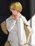  1boy blonde_hair chair hair_between_eyes hand_rest head_tilt highres kai_(shell) knee_up long_sleeves looking_at_viewer male_focus on_chair orange_eyes pants root_(stpri) shirt short_hair smile solo strawberry_prince white_pants white_shirt 
