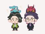  2boys ^_^ black_hair black_hat black_jacket black_pants blush_stickers chibi chibi_only closed_eyes collared_shirt commentary_request corbeau_(pokemon) frown glasses green_jacket hat highres jacket jitome male_focus multiple_boys necktie on_head open_mouth pants paxton_(pokemon) pokemon pokemon_(creature) pokemon_legends:_z-a pokemon_on_head purple_hair purple_shirt round_eyewear shirt short_hair simple_background totodile tubugai_ooo venipede white_necktie white_shirt 