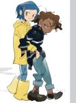  1boy 1girl arrcticc_fish black_jacket blue_hair boots brown_hair coraline_(movie) coraline_jones dark-skinned_male dark_skin english_commentary freckles green_eyes hands_in_another&#039;s_pockets highres hug hug_from_behind jacket kinky_hair looking_at_viewer raincoat short_hair simple_background white_background wybie_lovat yellow_raincoat 