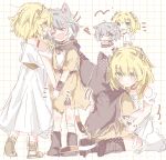  2girls aglaea_(honkai:_star_rail) animal_ears blonde_hair blue_eyes cat_ears cat_girl cat_tail child cipher_(honkai:_star_rail) cloak dress flower green_eyes grey_hair grid_background hashtag-only_commentary highres honkai:_star_rail honkai_(series) iroha_ik laurel_crown multiple_girls shoes short_hair tail 