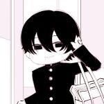  1boy bag chainsaw_man chibi chibi_only commentary_request deer60868637 fourth_east_high_school_uniform gakuran hand_up looking_at_viewer male_focus mole mole_under_mouth monochrome school_bag school_uniform short_hair solo yoshida_hirofumi 