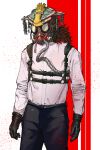 1other ambiguous_gender apex_legends belt black_belt black_gloves black_pants blood blood_splatter bloodhound_(apex_legends) cable chinese_commentary collared_shirt gloves goggles helmet highres moto_(user_peuc4532) pants rebreather shirt shirt_tucked_in solo white_shirt 