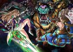  1boy 1girl absurdres bare_shoulders battle blonde_hair blue_pants blue_vest breasts brown_hair chest_jewel cleavage cleavage_cutout clothing_cutout core_crystal_(xenoblade) dress eye_trail glowing glowing_eyes highres holding holding_sword holding_weapon large_breasts light_trail long_hair microdress pants rex_(xenoblade) short_hair sofusan1526 sword tiara vest weapon white_dress xenoblade_chronicles_(series) xenoblade_chronicles_2 