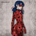  1girl absurdres blue_eyes blue_hair bodysuit breasts bug commentary domino_mask eye_mask highres hip_focus kistochka ladybug ladybug_(miraculous_ladybug) latex latex_bodysuit looking_at_viewer marinette_dupain-cheng mask medium_breasts miraculous_ladybug narrow_waist polka_dot polka_dot_bodysuit posing red_bodysuit red_mask self-upload short_twintails skin_tight skinny superhero_costume twintails 