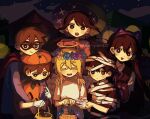  2girls 4boys :3 alternate_costume angel angel_wings animal_ear_hairband animal_ears antenna_hair artist_name aubrey_(faraway)_(omori) aubrey_(omori) basil_(faraway)_(omori) basil_(omori) basket black_eyes black_hair black_mask black_shirt black_sweater_vest blonde_hair blush bright_pupils brother_and_sister brothers brown_hair candy cat_ear_hairband cat_ears closed_eyes closed_mouth collared_shirt domino_mask double-parted_bangs eye_mask fake_animal_ears fake_halo fake_wings flower flower_wreath food gloves hair_between_eyes hairband halloween_costume halo hat head_wreath hero_(faraway)_(omori) hero_(omori) highres holding holding_basket holding_candy holding_food kel_(faraway)_(omori) kel_(omori) komekopan_720 long_hair long_sleeves looking_at_viewer low_twintails mari_(faraway)_(omori) mari_(omori) mask multiple_boys multiple_girls mummy_costume night omori open_mouth outdoors shirt short_hair short_sleeves siblings sidelocks smile sunny_(omori) sweater_vest t-shirt teeth twintails twitter_username upper_teeth_only white_gloves white_pupils white_shirt wings witch_hat 