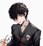  1boy absurdres ako_(eanaaati1) amamiya_ren black_hair black_jacket blazer buttons chinese_commentary closed_mouth commentary_request expressionless grey_eyes hair_between_eyes highres holding holding_removed_eyewear jacket long_sleeves looking_at_viewer male_focus persona persona_5 school_uniform shirt short_hair shuujin_academy_school_uniform simple_background solo undershirt unworn_eyewear upper_body white_background white_shirt 