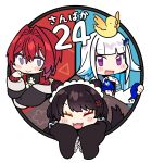  3girls :d ^_^ analog_clock ange_katrina ange_katrina_(1st_costume) animal_ears animal_hair_ornament animal_on_head bird bird_on_head blue_eyes blue_hair blunt_bangs blush_stickers brown_hair brown_tail chibi chibi_only clock closed_eyes closed_mouth colored_inner_hair commentary_request dog_ears dog_girl dog_tail fangs flower group_name hair_between_eyes hair_flower hair_intakes hair_ornament hand_up heterochromia inui_toko inui_toko_(1st_costume) lize_helesta lize_helesta_(1st_costume) long_hair looking_at_viewer maid_headdress mitsumine_(ookami_no_oyashiro) monocle multicolored_eyes multicolored_hair multiple_girls nijisanji no_pupils on_head open_mouth purple_eyes red_hair sanbaka_(nijisanji) sebastian_piyodore short_hair simple_background sleeves_past_fingers sleeves_past_wrists smile tail through_medium translated two-tone_eyes two-tone_hair virtual_youtuber white_background white_hair white_headdress yellow_bird 