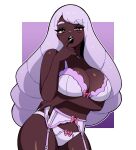  1girl arm_under_breasts bare_shoulders bra breasts cleavage dark-skinned_female dark_skin dynobluevt fingernails garter_belt garter_straps highres jacinthe_(pokemon) large_breasts lingerie long_fingernails long_hair looking_at_viewer navel open_mouth panties pokemon pokemon_legends:_z-a purple_bra purple_eyes purple_hair purple_panties solo stomach teeth underwear upper_teeth_only very_dark_skin 
