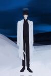  1boy black_eyes black_hair black_shirt coat collared_shirt dark emosunfish full_body halo highres kim_dokja light_smile limited_palette looking_at_viewer male_focus night omniscient_reader&#039;s_viewpoint open_clothes open_coat outdoors shirt short_hair snow solo white_coat 