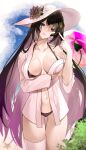  1girl alternate_costume arm_under_breasts artist_name beach bikini bird black_bikini blue_eyes blue_sky blurry blurry_background breasts cameltoe cleavage cloud cloudy_sky collarbone constance_(honkai:_star_rail) demon_girl demon_horns demon_tail depth_of_field english_commentary flower gradient_hair hair_between_eyes hand_up hat hat_flower head_tilt highres honkai:_star_rail honkai_(series) horns index_finger_raised large_breasts long_hair long_sleeves looking_at_viewer mole mole_under_eye multicolored_hair navel ocean off_shoulder open_clothes open_shirt outdoors parted_lips plant purple_hair sand shade shirt single_bare_shoulder single_thighhigh skinny sky solo stomach sun_hat swimsuit tail thigh_gap thighhighs thighs two-tone_hair water white_shirt white_thighhighs zenata_roka 