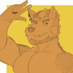 anthro barazoku beard canid canine canis clothing domestic_dog ear_piercing facial_hair fangs fred_kent fur german_shepherd gesture hand_gesture herding_dog hi_res home_zomewhere_else male mammal markings muscular muscular_anthro muscular_male nude orange_body orange_fur pastoral_dog pecs piercing sketch smile solo teeth v_sign zordykeaboo