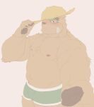  2022 absurd_res anthro blush bulge clothing eyewear glasses hat headgear headwear hi_res humanoid_hands kemono lifewonders male mammal meimei_kia moobs nipples solo straw_hat tokyo_afterschool_summoners underwear ursid video_games volos 