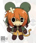  1boy absurdres animal_hat black_eyes brown_gloves brown_vest chibi gloves green_jacket hat highres holding holding_needle jacket looking_at_viewer male_focus mouse_hat needle orange_hair otori_0 present_day_problem_takeuchi_robert randal&#039;s_friends short_hair sweat teardrop vest white_background zoom_layer 