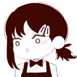 1girl apron bow bowtie chainsaw_man chibi chibi_only collared_shirt deer60868637 greyscale hair_ornament hairclip higashiyama_kobeni mole mole_under_eye monochrome open_mouth ponytail shirt short_ponytail single_sidelock solo 