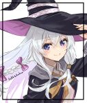  1girl black_hat black_jacket blue_eyes bow closed_mouth crossed_bangs elaina_(majo_no_tabitabi) floating_hair hair_between_eyes hair_bow hat highres jacket jun_(rellik_&amp;_redrum) long_hair long_sleeves looking_at_viewer majo_no_tabitabi neck_ribbon pink_bow ribbon shirt smile solo upper_body very_long_hair white_hair white_shirt witch_hat yellow_ribbon 