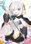  1girl :d aqua_ascot ars_almal ars_almal_(1st_costume) ascot black_cape black_skirt black_sleeves blue_ascot blue_eyes blush breasts cape cloak cowboy_shot detached_sleeves floral_background frilled_skirt frills hair_between_eyes hair_ornament highres holding holding_wand hood hood_down hooded_cape hooded_cloak long_sleeves looking_at_viewer medium_breasts miniskirt nijisanji one_eye_closed open_mouth petals puffy_long_sleeves puffy_sleeves see-through_clothes see-through_sleeves shirt short_hair simple_background skirt sleeveless smile solo tatami_kami virtual_youtuber wand white_hair white_shirt 