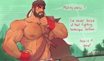  1boy abs arm_hair artist_name bara beard blurry blurry_background brown_hair chest_hair commentary connected_beard cropped english_commentary english_text facial_hair full_beard headband highres large_pectorals male_focus muscular muscular_male nipples o-ring outdoors paid_reward_available pectorals red_headband ryu_(street_fighter) short_hair solo street_fighter street_fighter_6 wolf_con_f 