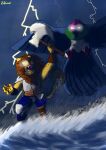 absurd_res anthro armor avian axe bird boats duo felid felimino feline felix_(felimino) feral hi_res light_eyes lion male male/male mammal medieval_armor medieval_clothing medieval_fantasy palomino_(felimino) pantherine sea stare threatening thunder thunderstorm war_axe warrior water white_eyes yelling