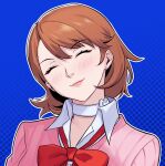  1girl blue_background blush bow bowtie brown_hair cardigan choker closed_eyes closed_mouth collared_shirt earrings english_commentary facing_viewer flipped_hair gekkoukan_high_school_uniform glint gradient_background head_tilt heart heart_choker highres ikhwan_maulana jewelry loose_bowtie persona persona_3 persona_3_reload pink_cardigan pink_lips red_bow red_bowtie ribbed_cardigan school_uniform shirt short_hair smile solo stud_earrings swept_bangs takeba_yukari upper_body white_choker white_shirt 