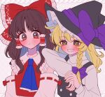  2girls ascot black_hat black_vest blonde_hair blue_ascot blush bow braid brown_eyes brown_hair commentary detached_sleeves frilled_bow frilled_hair_tubes frills grin hair_bow hair_tubes hakurei_reimu hat hat_bow highres kirisame_marisa long_hair long_sleeves multiple_girls petal_print phantasmagoria_of_flower_view print_bow purple_bow red_bow ribbon-trimmed_sleeves ribbon_trim side_braid single_braid smile tamiko_(tamik0224) touhou vest witch_hat yellow_eyes 