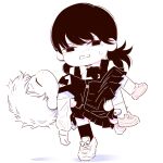  2girls carrying carrying_person chainsaw_man chibi chibi_only deer60868637 dress fourth_east_high_school_uniform greyscale long_hair long_sleeves low_twintails mitaka_asa monochrome multiple_girls pinafore_dress princess_carry running school_uniform short_hair sleeveless sleeveless_dress socks sweat twintails yuko_(chainsaw_man) 