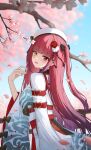  0_albusart 1girl :d beret blue_sky blunt_bangs blurry blurry_background cherry_blossoms commentary day falling_petals gradient_hair hand_up hat heterochromia highres hololive houshou_marine houshou_marine_(11th_costume) japanese_clothes kimono long_hair looking_at_viewer multicolored_hair official_alternate_costume one_side_up open_mouth outdoors petals print_kimono purple_hair red_eyes red_hair sky smile solo symbol-only_commentary teeth upper_teeth_only very_long_hair virtual_youtuber white_hat white_kimono wide_sleeves yellow_eyes 
