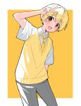  1boy arm_behind_back arm_up blonde_hair blush border cowboy_shot grey_pants hair_between_eyes hashtag-only_commentary head_tilt highres kai_(shell) looking_at_viewer male_focus necktie open_mouth orange_eyes pants root_(stpri) shirt short_hair short_sleeves smile solo strawberry_prince sweater_vest v-neck w white_border white_shirt yellow_necktie yellow_sweater_vest 