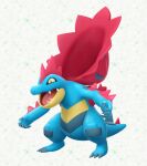  alligator blue_claws blue_skin claws colored_skin crocodilian fangs feraligatr highres hood mega_feraligatr mega_pokemon no_humans official_art open_mouth pokemon pokemon_(creature) pokemon_focus pokemon_legends:_z-a sharp_teeth solo spikes tail teeth yellow_eyes 