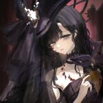  1girl absurdres bare_shoulders black_dress black_hair black_hat bow dress eye_mask hand_up hat hat_bow highres isolde_(reverse:1999) isolde_(the_caged_lamenter)_(reverse:1999) long_hair looking_at_viewer lv11 mask official_alternate_costume purple_eyes red_background reverse:1999 solo strapless strapless_dress unworn_mask upper_body 