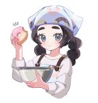  1girl ansha_(pokemon) apron black_hair blue_eyes blush bowl braid closed_mouth donut ebi_(shrimp_eleven) food headscarf highres holding holding_bowl holding_donut holding_food long_sleeves looking_at_viewer pokemon pokemon_legends:_z-a shirt simple_background smile twin_braids twintails upper_body 